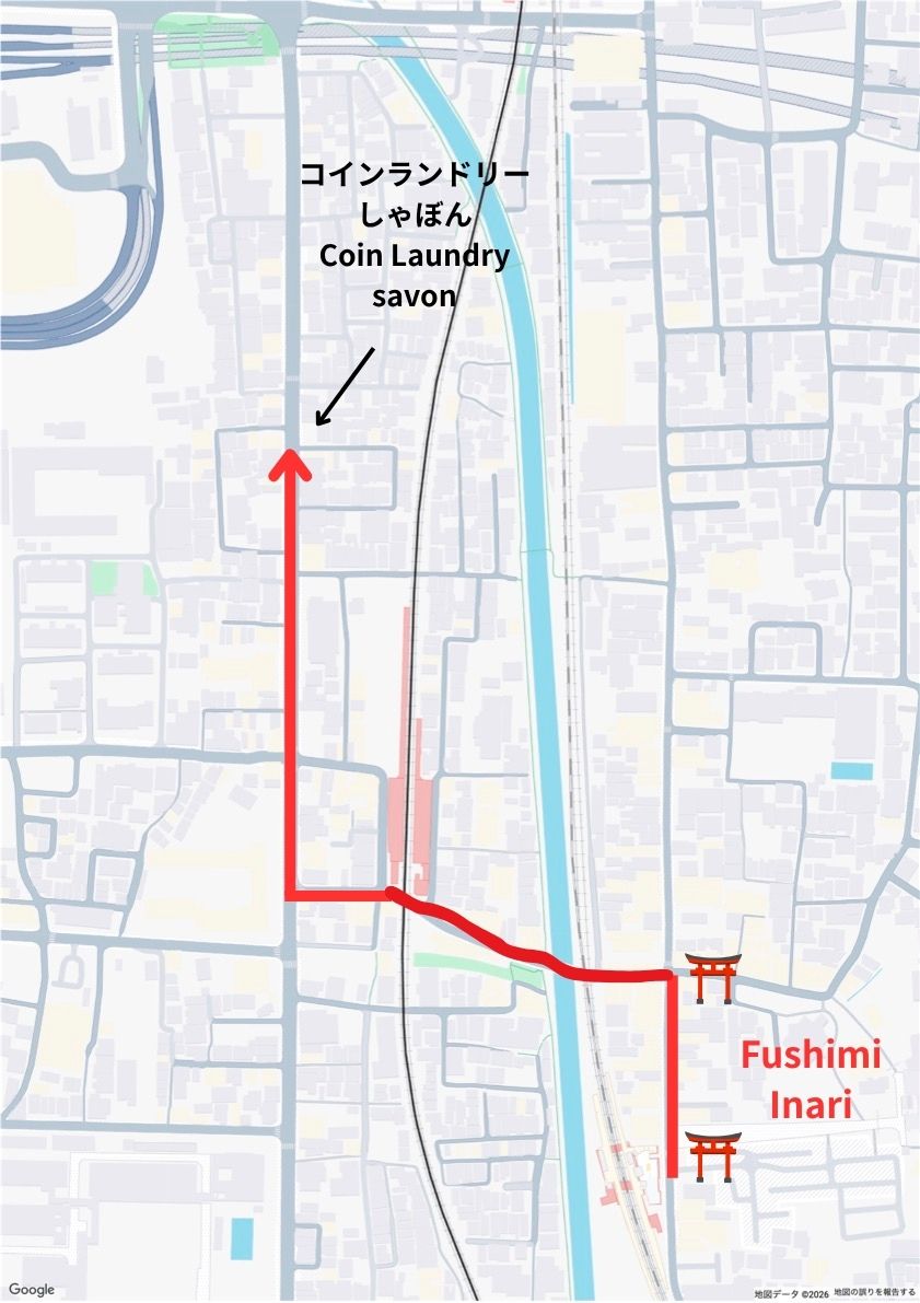 Route from Fushimi Inari Taisha to the laundry.