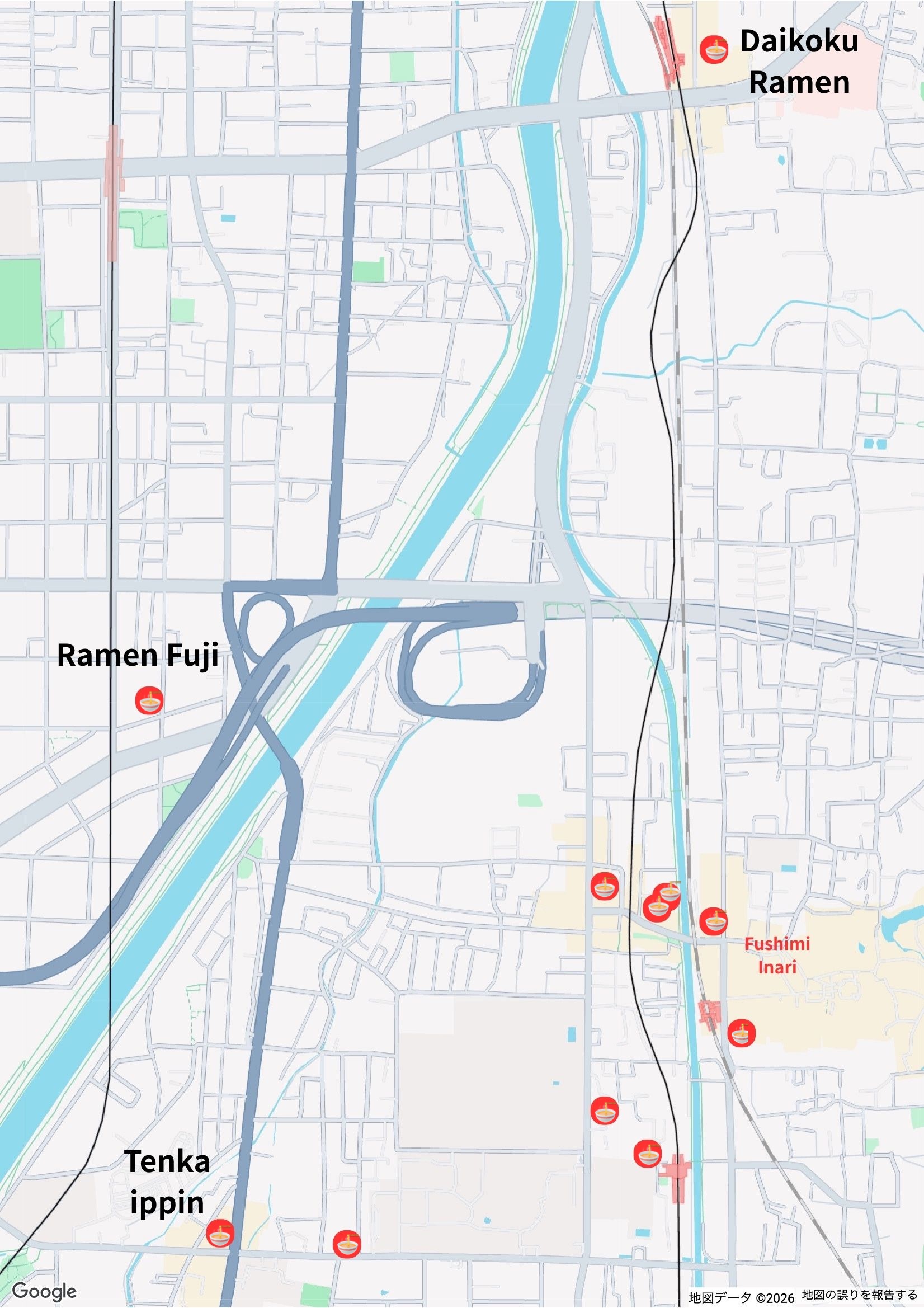 ramen map around fushimi inari