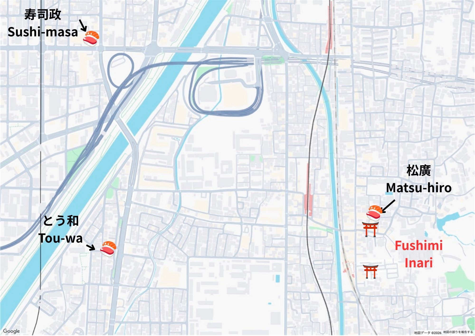 sushi map around Fushimi Inari Taisha Shrine.